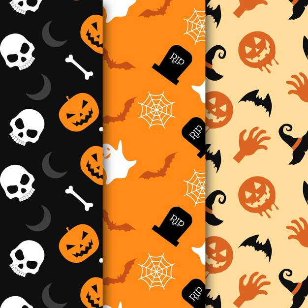 Colección de patrones planos de halloween dibujados a mano