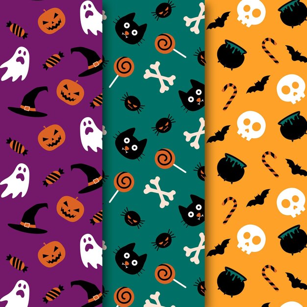 Colección de patrones planos de halloween dibujados a mano