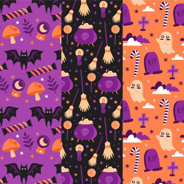 Colección de patrones planos de halloween dibujados a mano