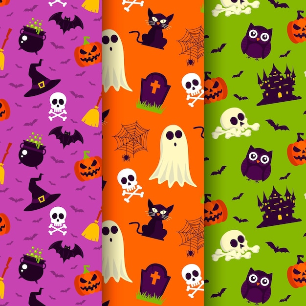 Colección de patrones planos de halloween dibujados a mano