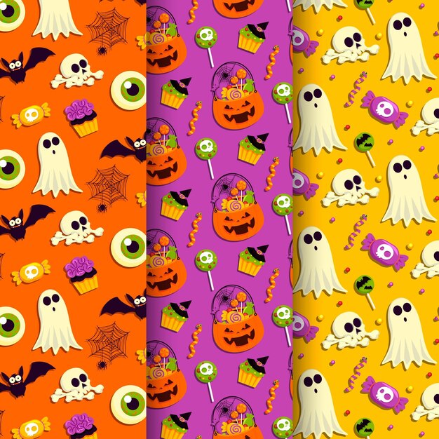 Colección de patrones planos de halloween dibujados a mano