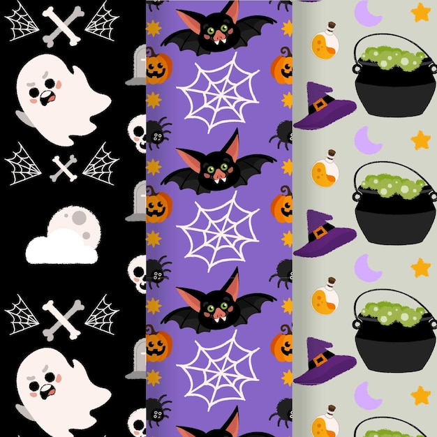 Vector gratuito colección de patrones planos de halloween dibujados a mano