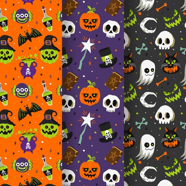 Colección de patrones planos de halloween dibujados a mano
