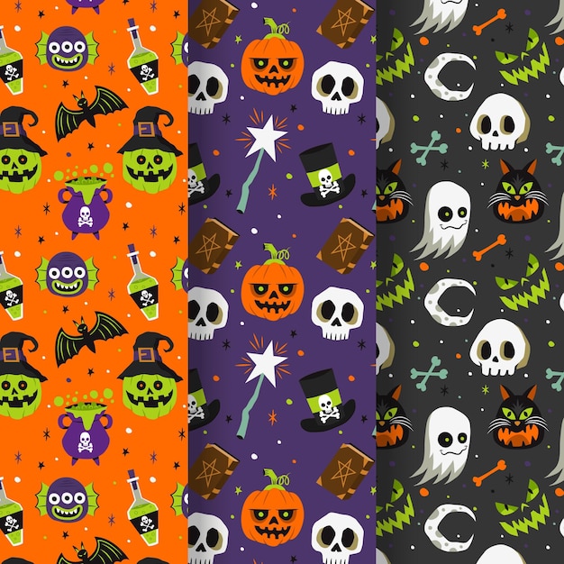 Colección de patrones planos de halloween dibujados a mano