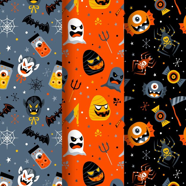 Colección de patrones planos de halloween dibujados a mano