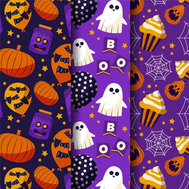 Colección de patrones planos de halloween dibujados a mano