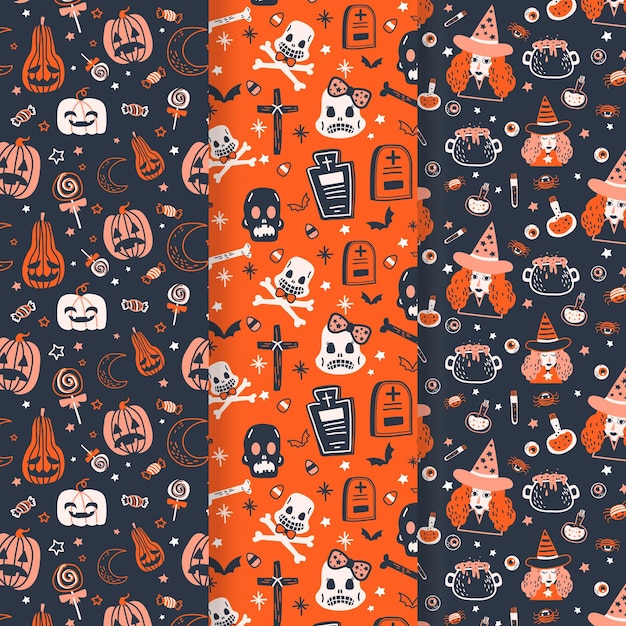 Colección de patrones planos de halloween dibujados a mano