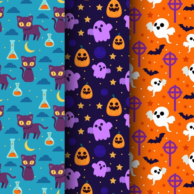Colección de patrones planos de halloween dibujados a mano