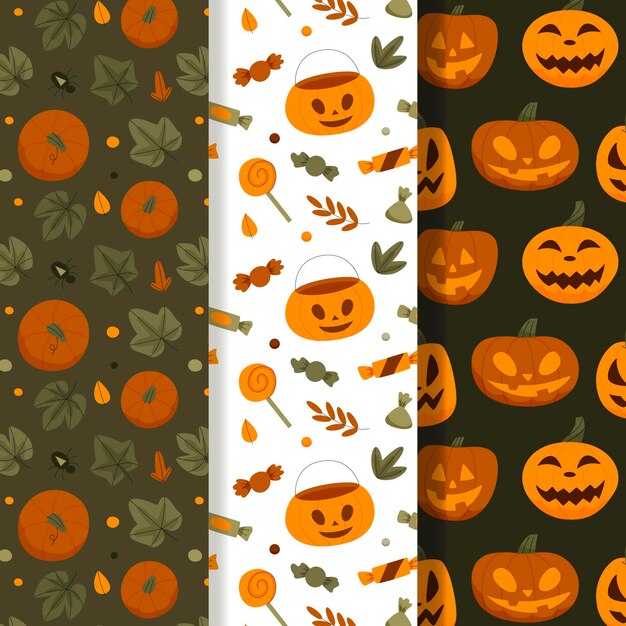 Colección de patrones planos de halloween dibujados a mano