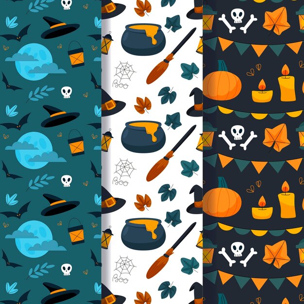 Colección de patrones planos de halloween dibujados a mano