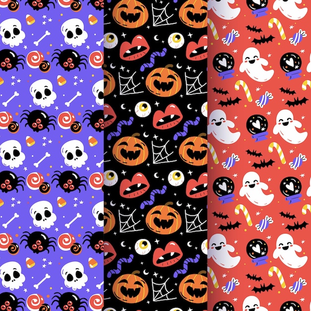 Vector gratuito colección de patrones planos de halloween dibujados a mano