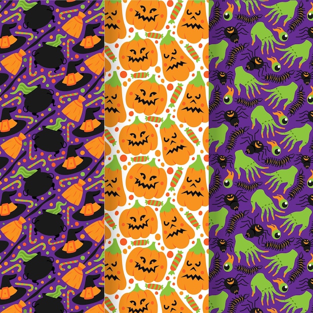 Colección de patrones planos de halloween dibujados a mano