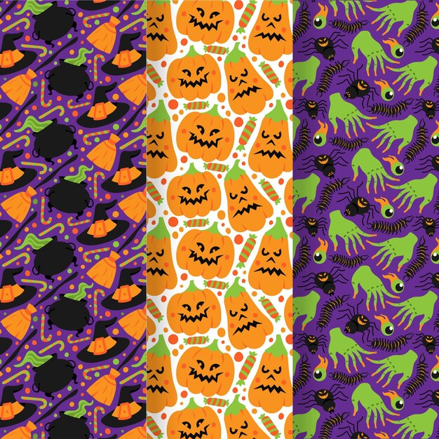 Colección de patrones planos de halloween dibujados a mano