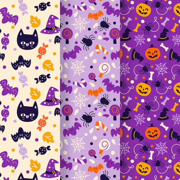 Vector gratuito colección de patrones planos de halloween dibujados a mano