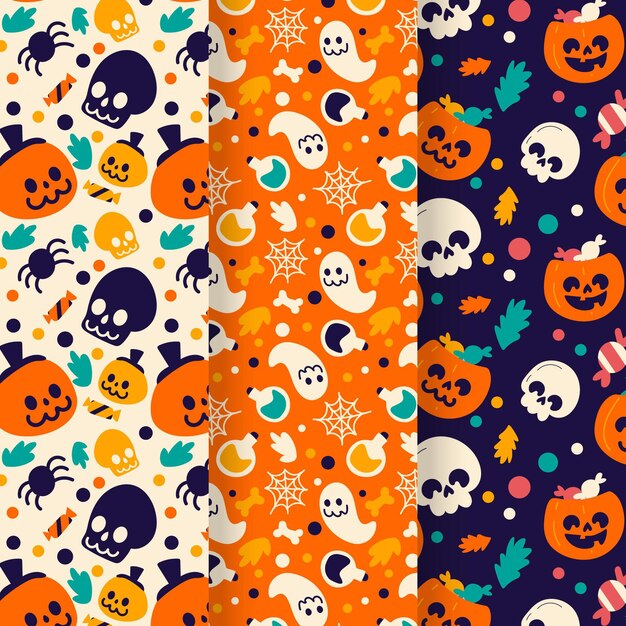 Colección de patrones planos de halloween dibujados a mano
