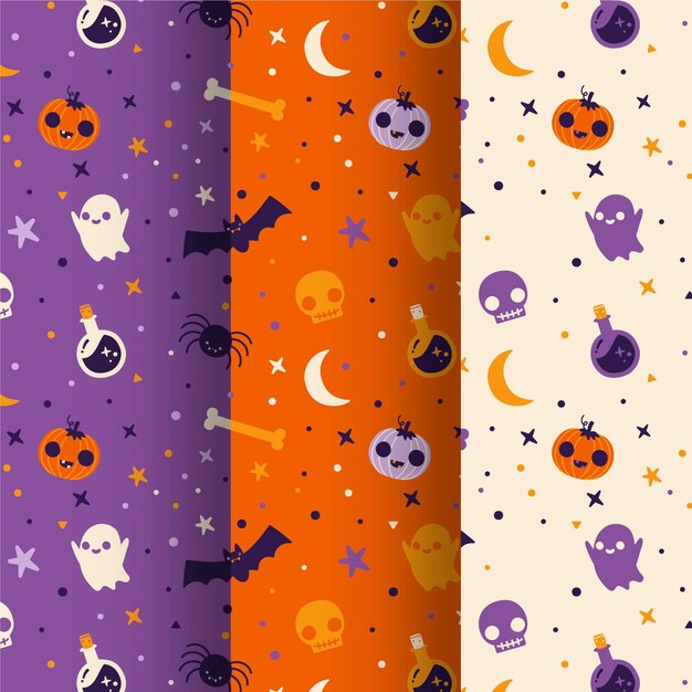 Colección de patrones planos de halloween dibujados a mano