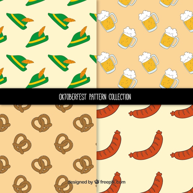 Vector gratuito colección de patrones con pretzel, sombrero, salchicha y cerveza