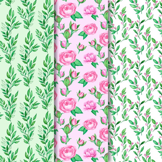 Colección de patrones de primavera de acuarela con flores de colores