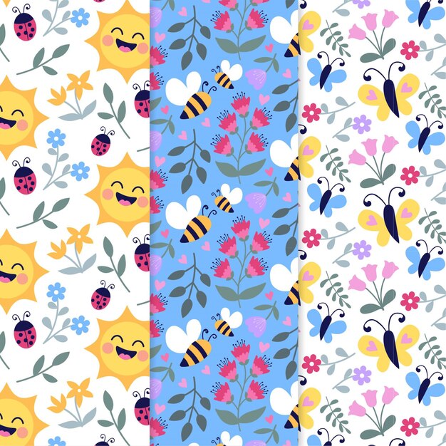 Colección de patrones de primavera coloridos dibujados a mano