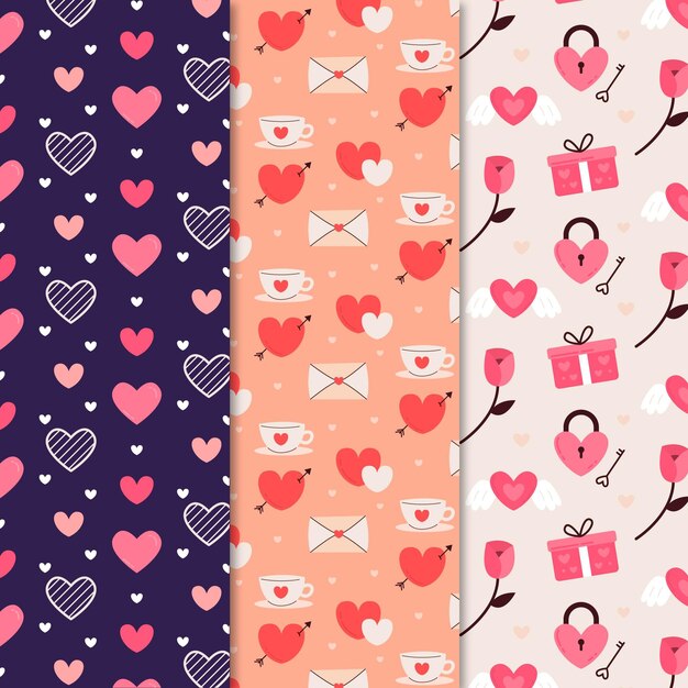 Colección de patrones de san valentín en diseño plano