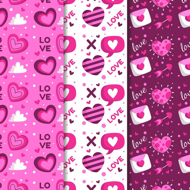 Colección de patrones de San Valentín en estilo de diseño plano