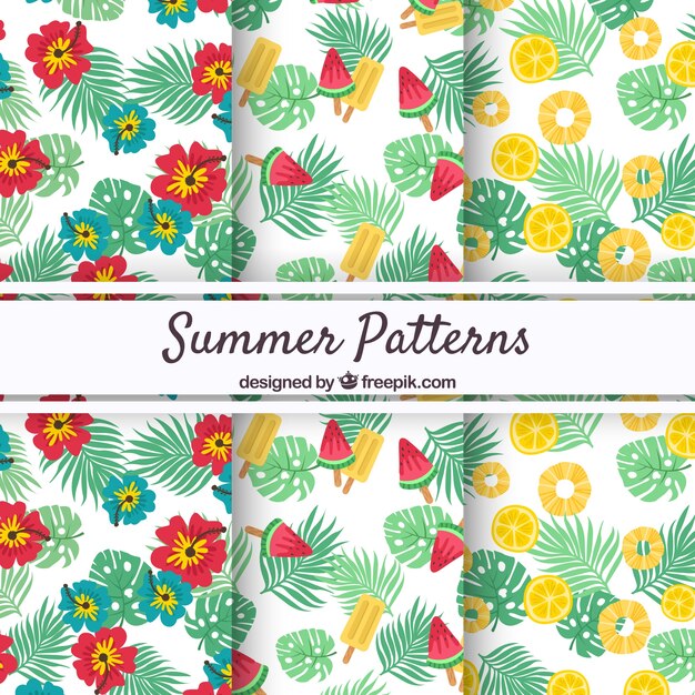 Colección de patrones de verano con hojas tropicales