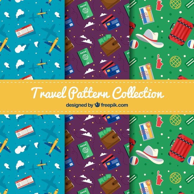 Colección de patrones de viaje coloridos en diseño plano