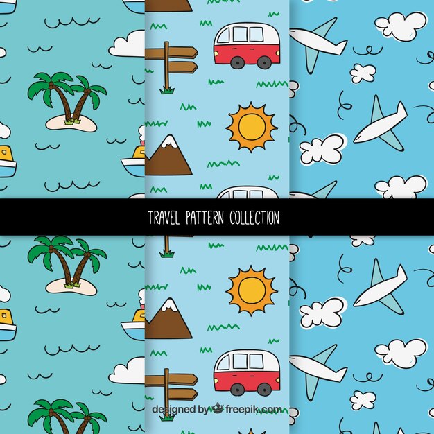 Colección de patrones de viaje divertidos dibujados a mano