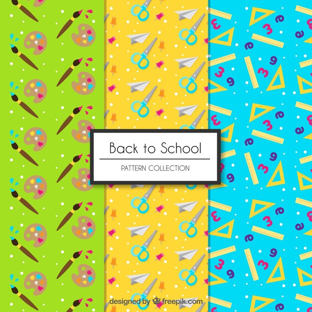 Colección de patrones de vuelta al colegio con elementos diferentes