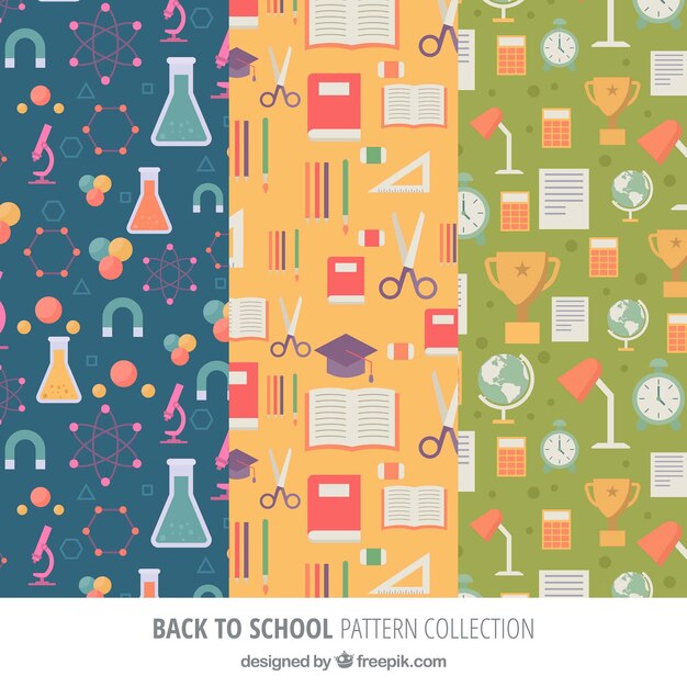 Colección de patrones de vuelta al colegio con elementos diferentes