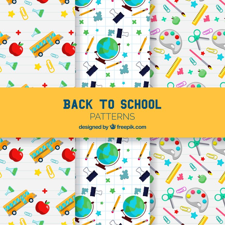 Vector gratuito colección de patrones de vuelta al colegio con elementos