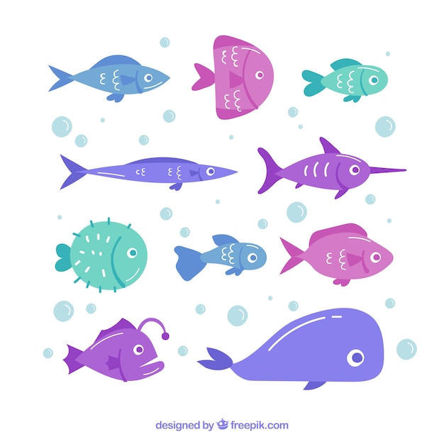 Colección de peces coloridos en estilo hecho a mano