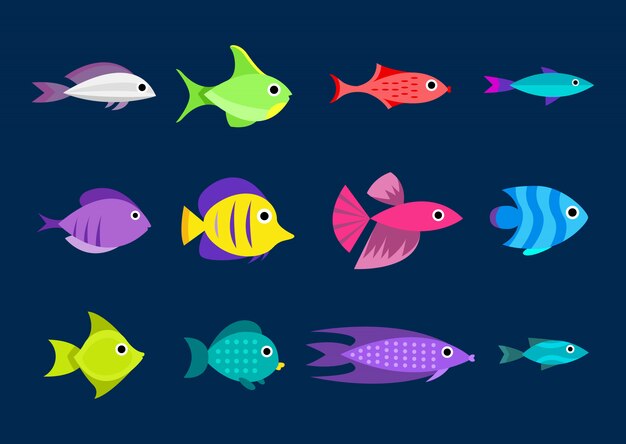 Colección de peces. Estilo de dibujos animados Ilustración de doce peces diferentes