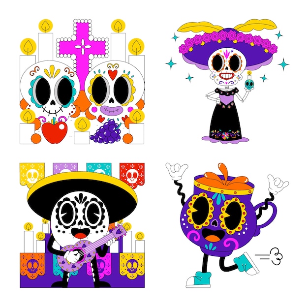 Vector gratuito colección de pegatinas ácidas del día de muertos.