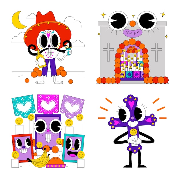 Vector gratuito colección de pegatinas ácidas del día de muertos.