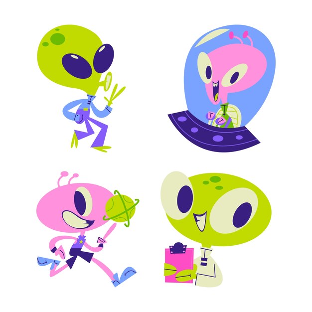 Colección de pegatinas alienígenas de dibujos animados retro