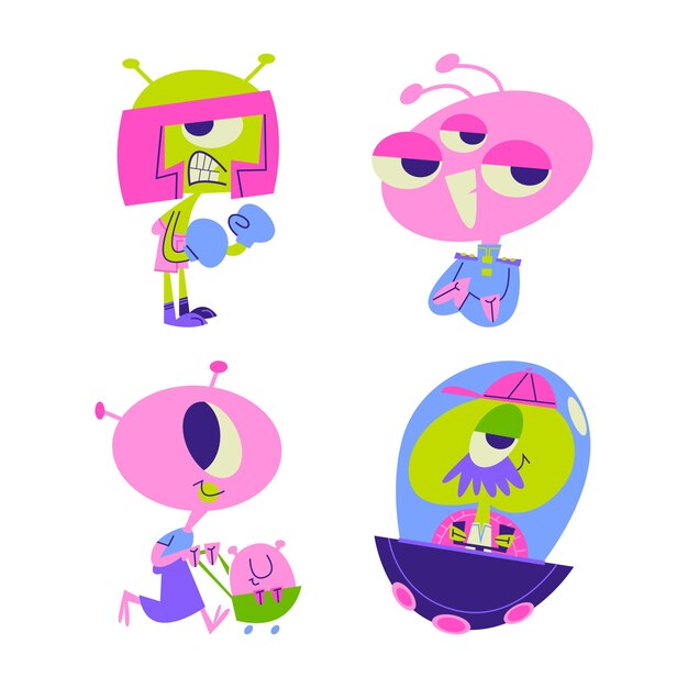 Colección de pegatinas alienígenas de dibujos animados retro