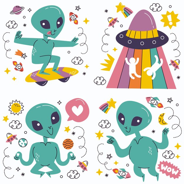 Colección de pegatinas alienígenas de garabatos