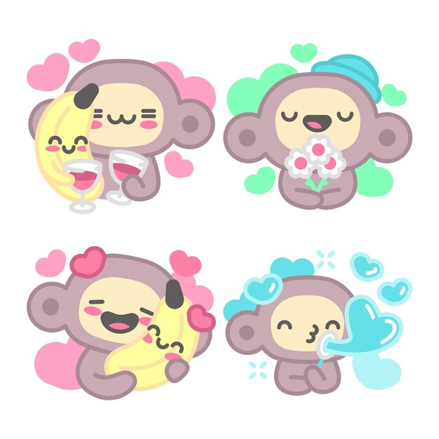 Colección de pegatinas de amor con mono y plátano