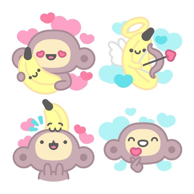 Colección de pegatinas de amor con mono y plátano