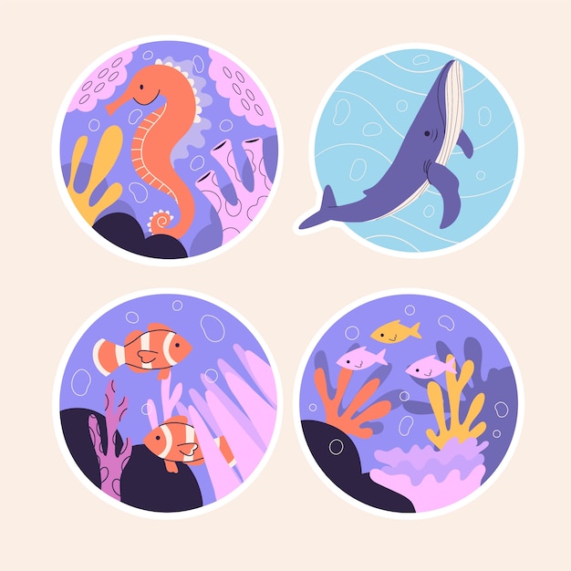 Vector gratuito colección de pegatinas de animales marinos ingenuos