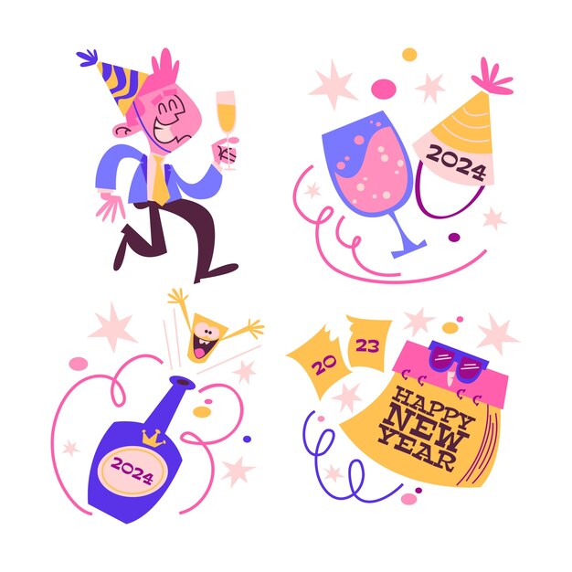 Colección de pegatinas de año nuevo 2024 de dibujos animados retro