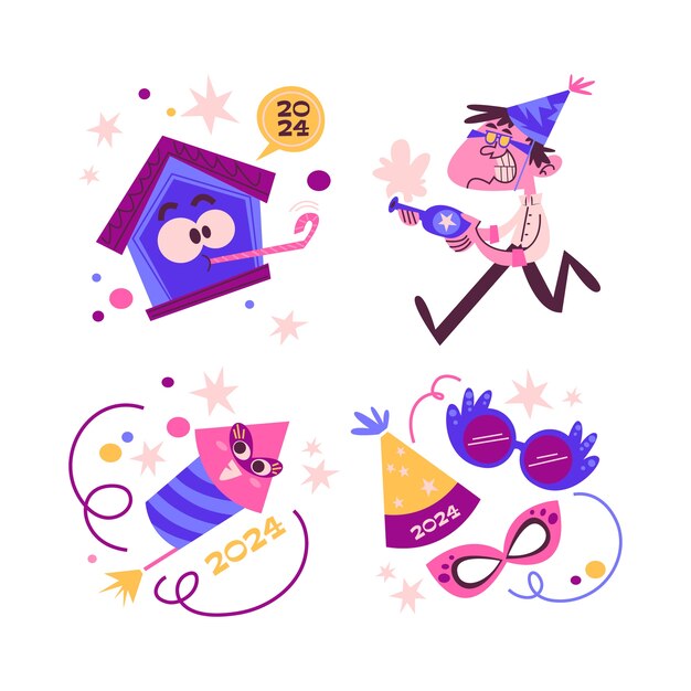 Colección de pegatinas de año nuevo 2024 de dibujos animados retro