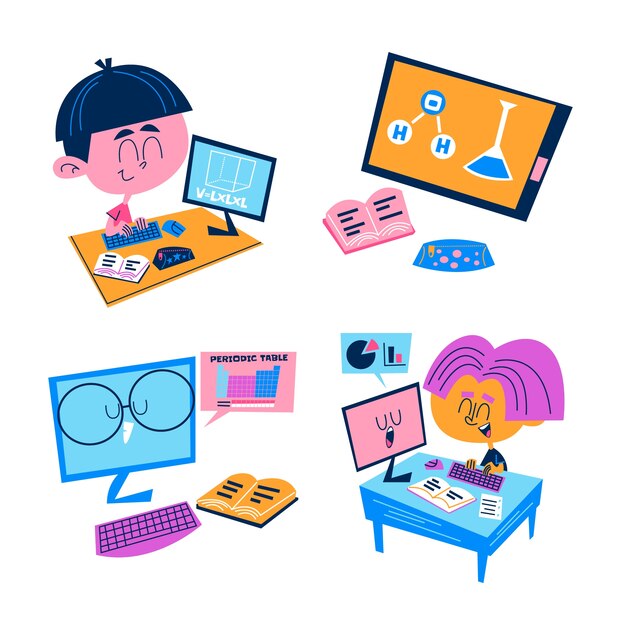 Colección de pegatinas de aprendizaje electrónico de dibujos animados retro