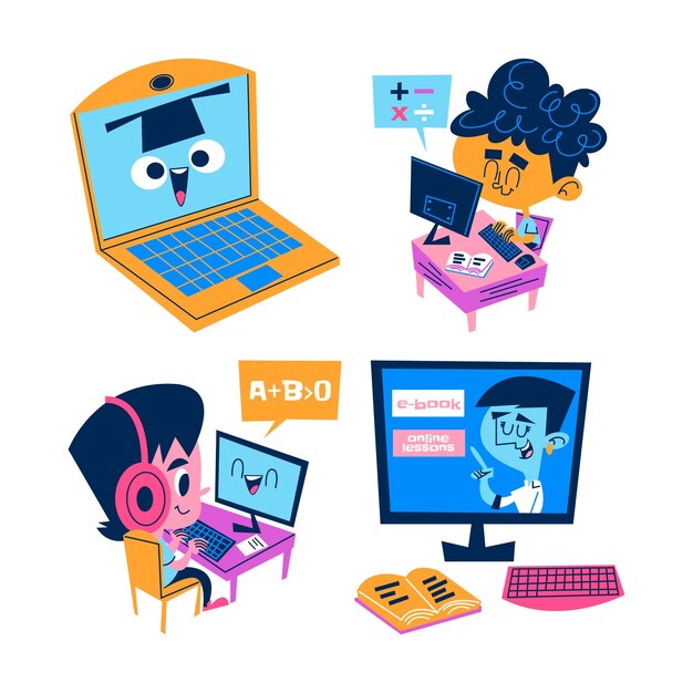 Colección de pegatinas de aprendizaje electrónico de dibujos animados retro