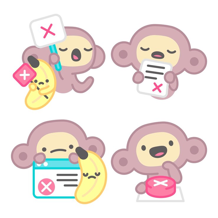Vector gratuito colección de pegatinas de aprobación y rechazo con mono y plátano