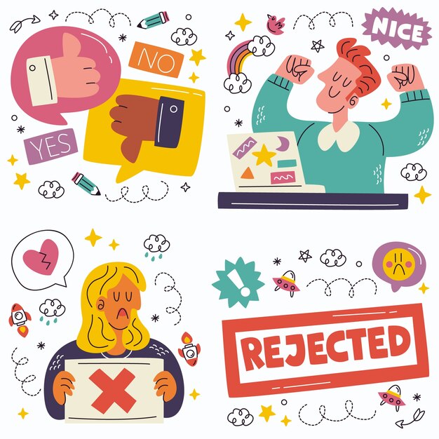 Colección de pegatinas aprobadas y rechazadas por Doodle.
