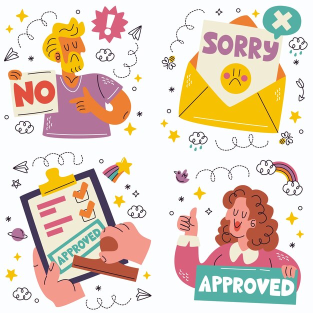 Colección de pegatinas aprobadas y rechazadas por Doodle.