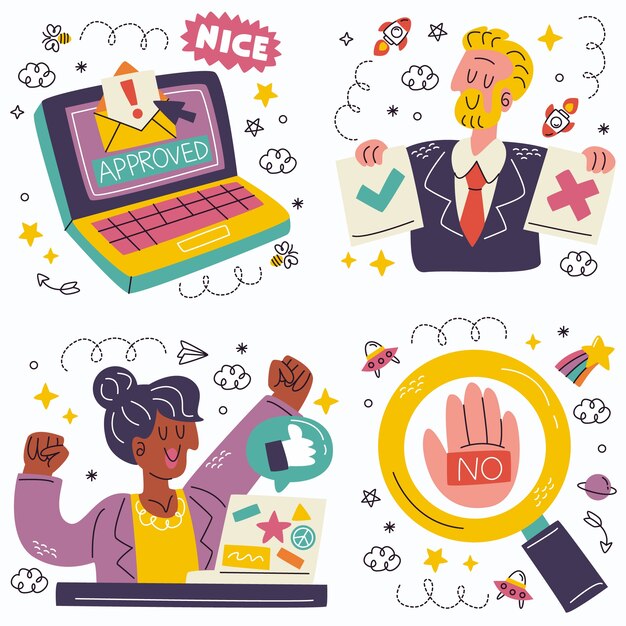 Colección de pegatinas aprobadas y rechazadas por Doodle.