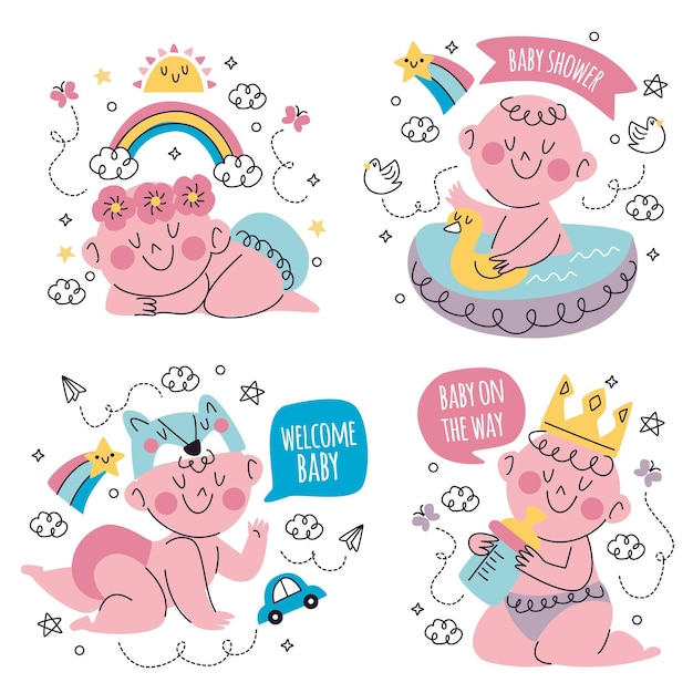 Vector gratuito colección de pegatinas de baby shower doodle dibujados a mano